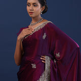 Dark Plum Purple Satin Silk Saree With Cutdana Work