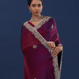 Dark Plum Purple Satin Silk Saree With Cutdana Work