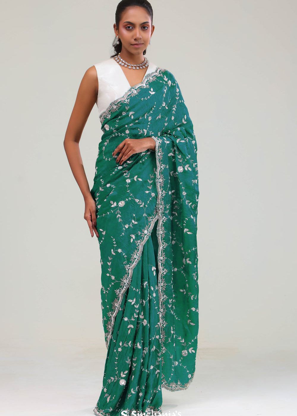 Teal Blue Silk Crafted Saree