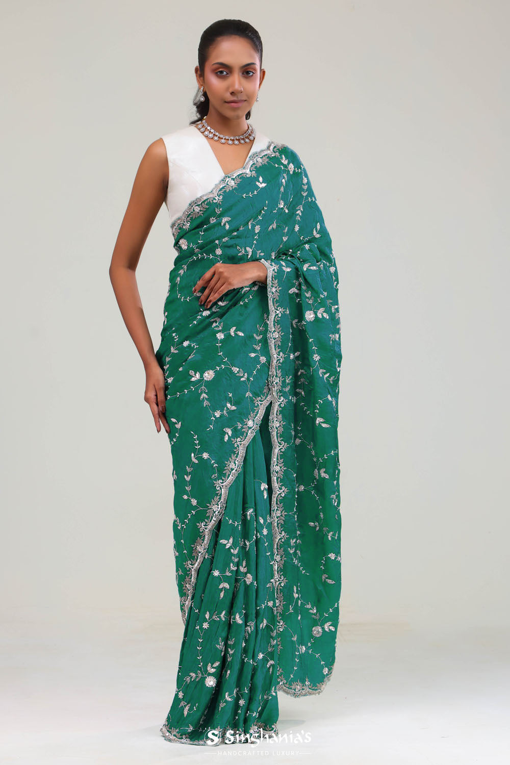 Teal Blue Silk Crafted Saree