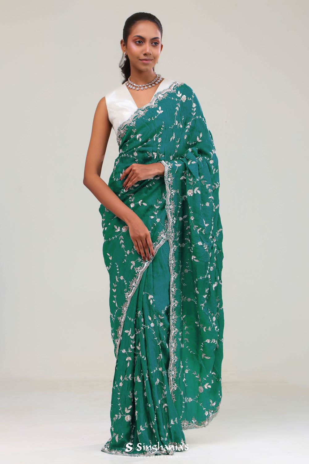 Teal Blue Silk Crafted Saree