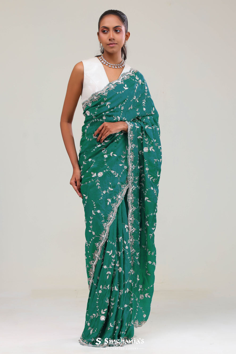 Teal Blue Silk Crafted Saree