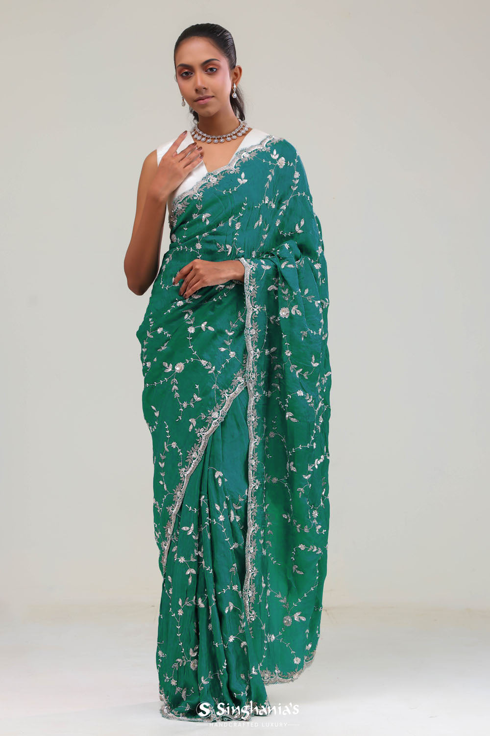 Teal Blue Silk Crafted Saree