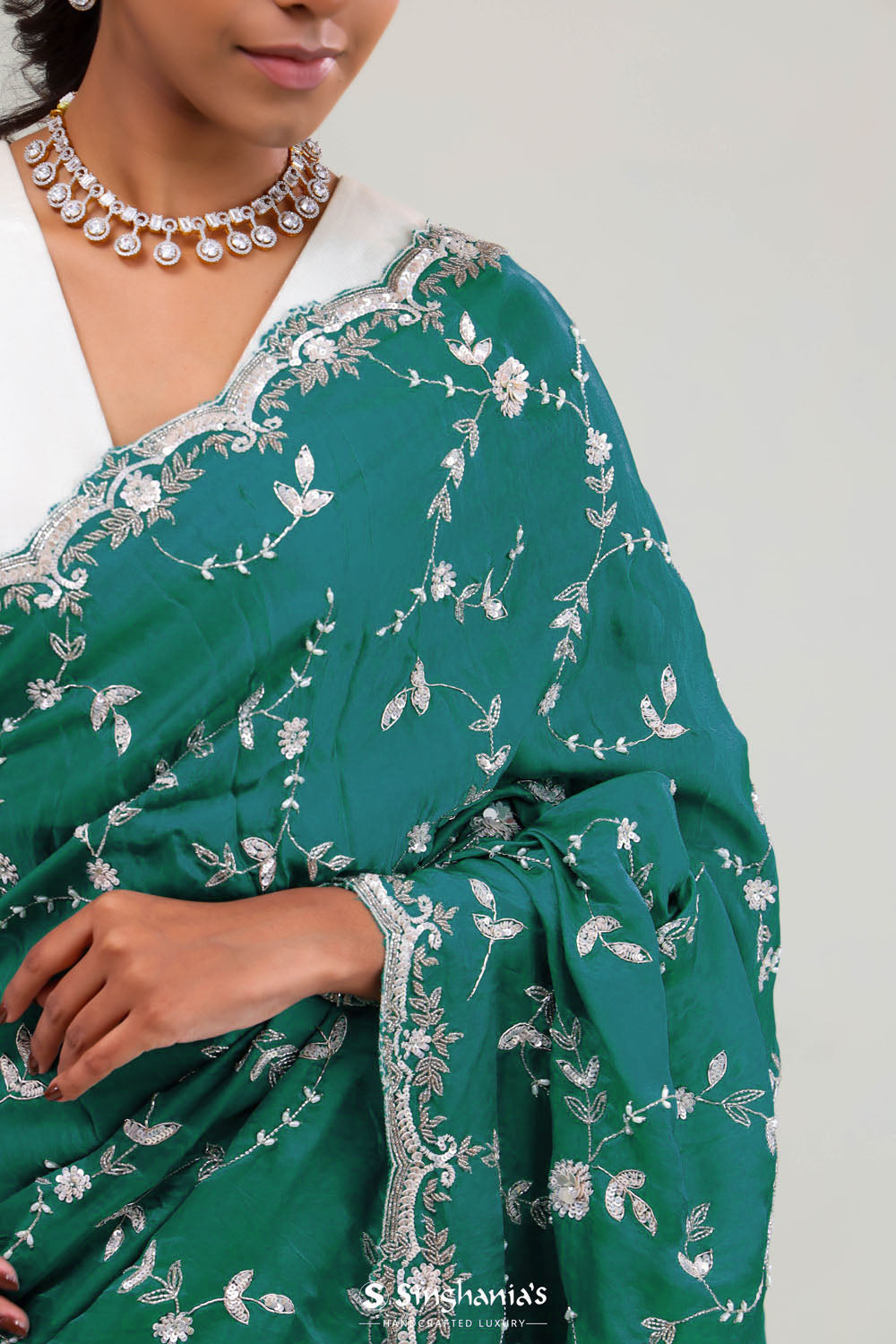 Teal Blue Silk Crafted Saree