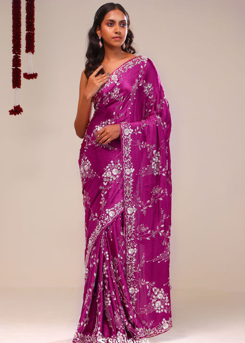 <img> Fandango Purple Silk Handcrafted Saree