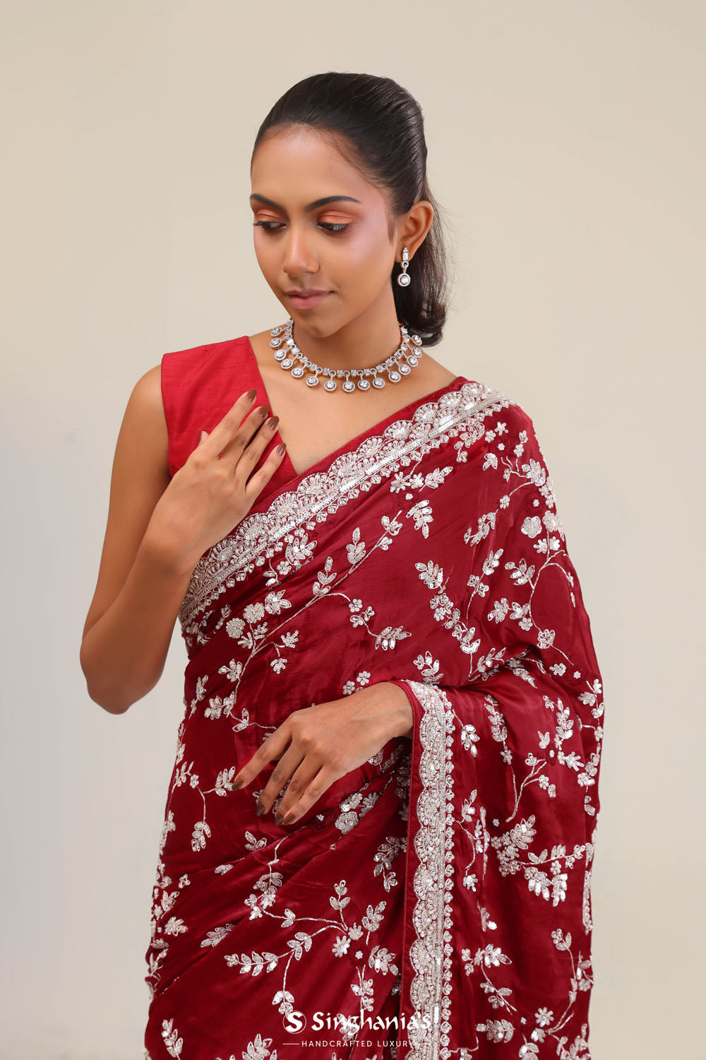 Red Maroon Silk Crafted Saree