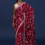 Dark Ruby Red Satin Silk Saree With Sequence Work