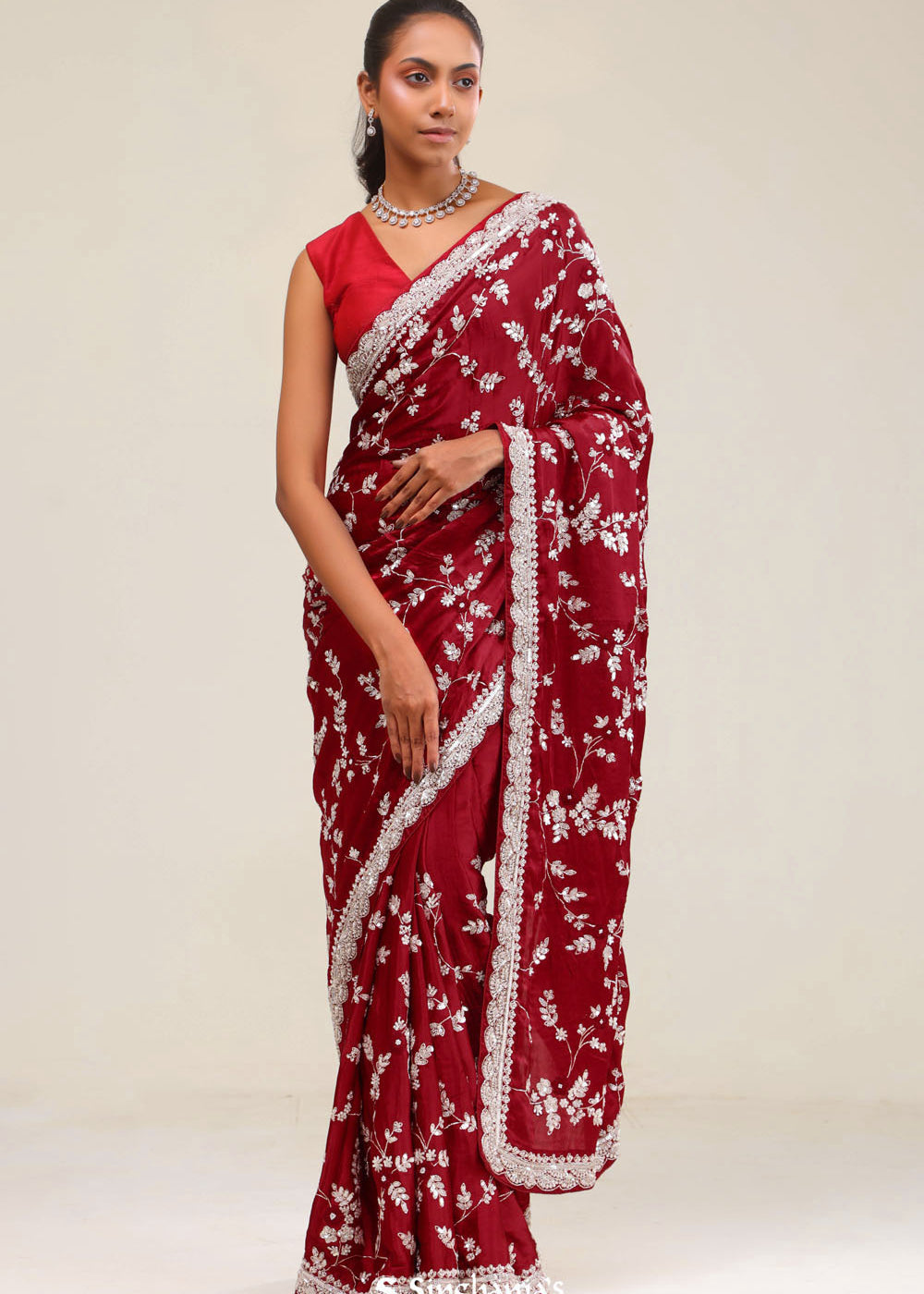 Red Maroon Silk Crafted Saree
