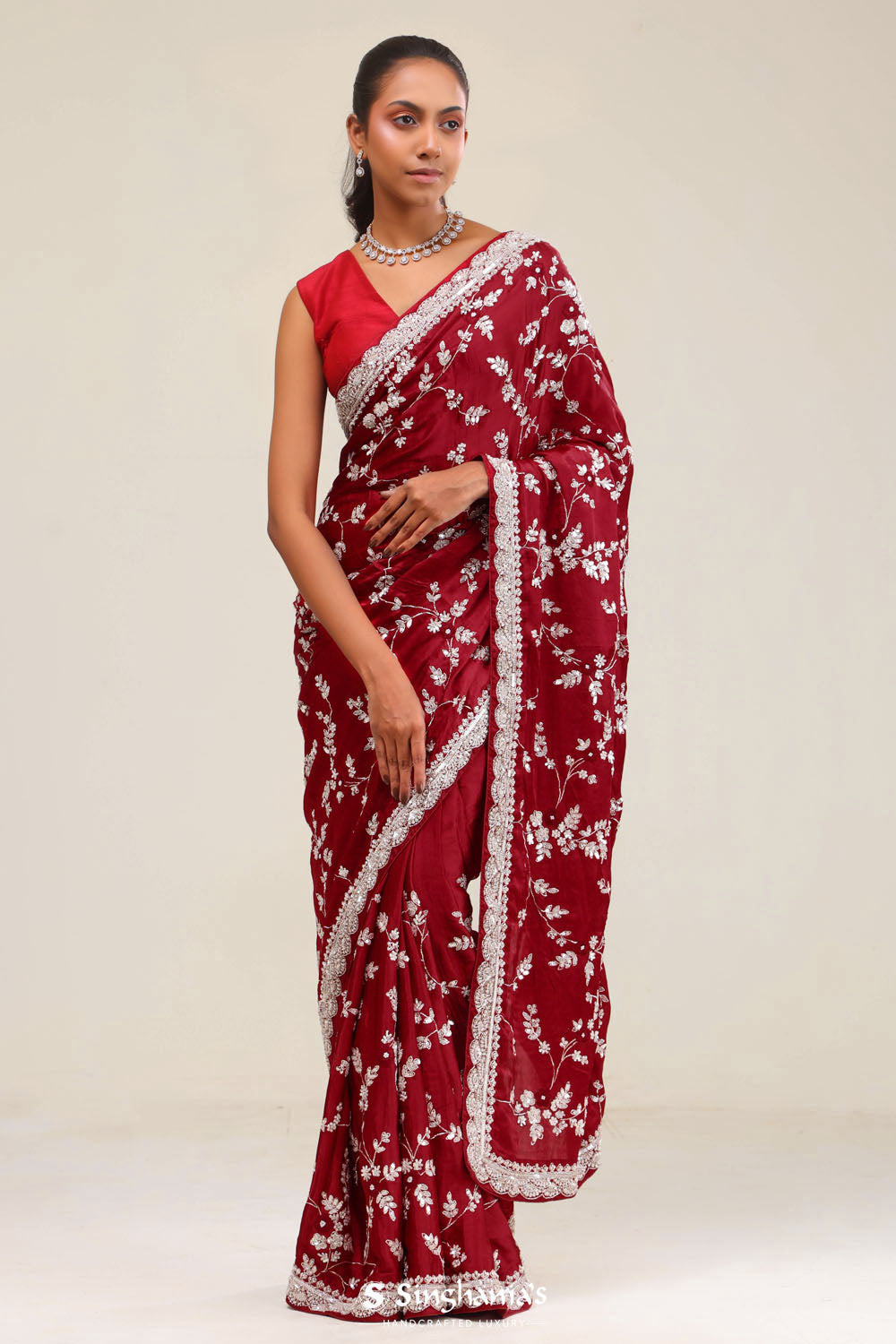 Red Maroon Silk Crafted Saree