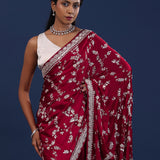 Dark Ruby Red Satin Silk Saree With Sequence Work