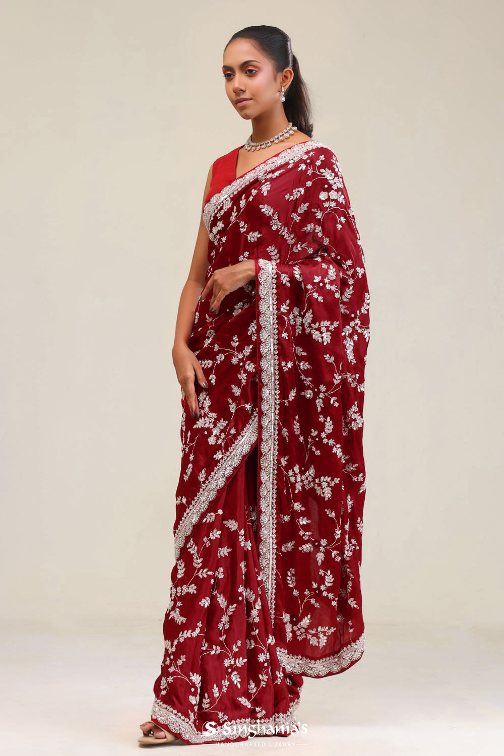 Red Maroon Silk Crafted Saree