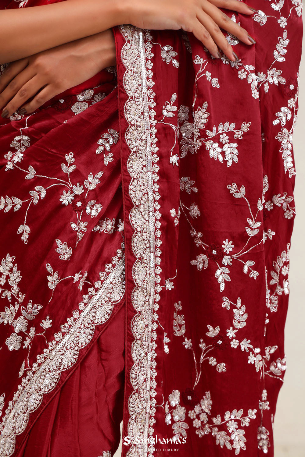 Red Maroon Silk Crafted Saree