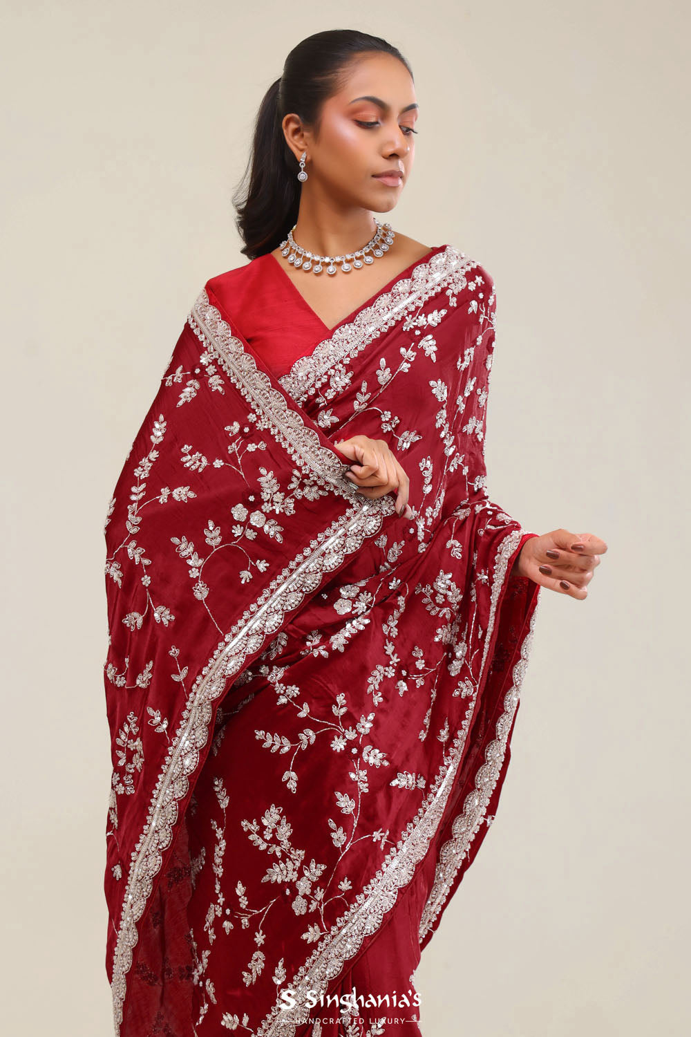 Red Maroon Silk Crafted Saree