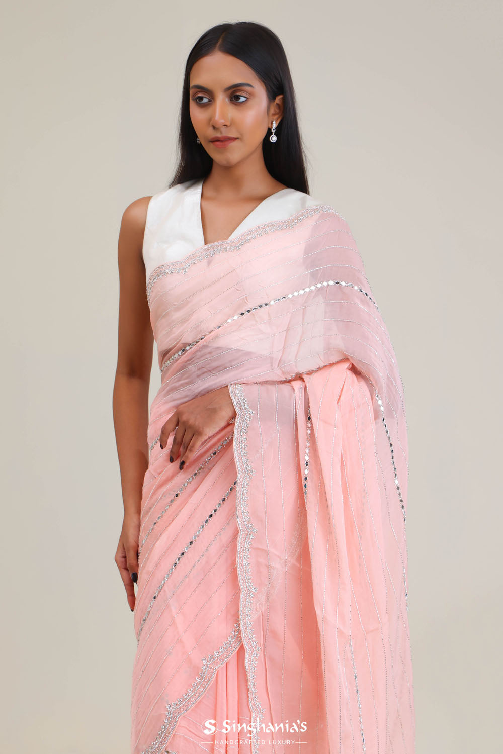 Tropical Peach Tissue Saree With Embroidery Detail