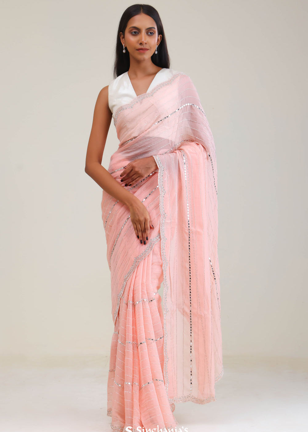 Tropical Peach Tissue Saree With Embroidery Detail
