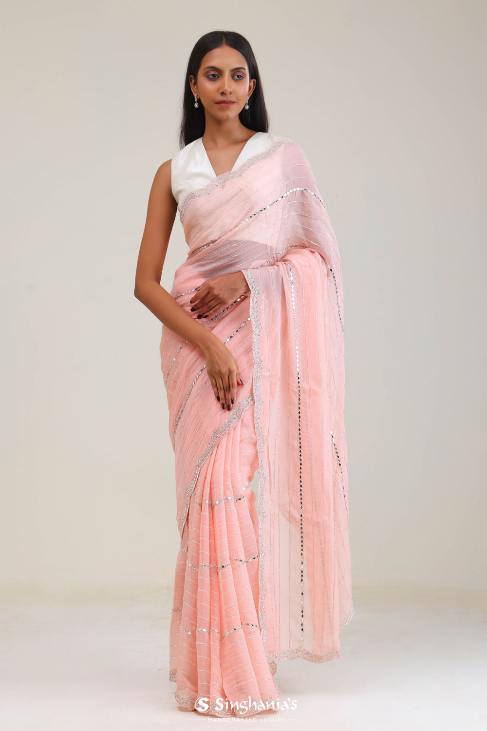 Tropical Peach Tissue Saree With Embroidery Detail