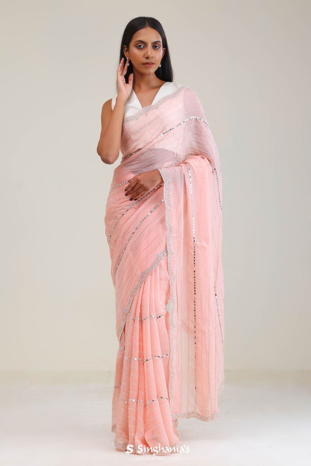 Tropical Peach Tissue Saree With Embroidery Detail