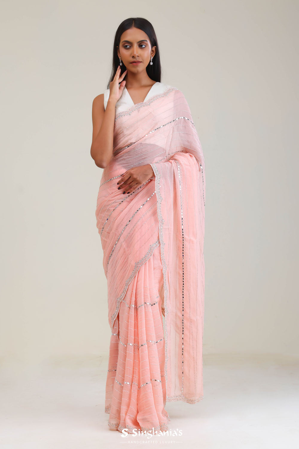 Tropical Peach Tissue Saree With Embroidery Detail