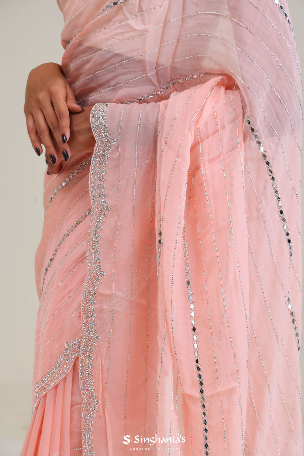 Tropical Peach Tissue Saree With Embroidery Detail