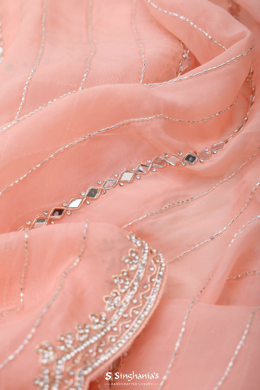 Tropical Peach Tissue Saree With Embroidery Detail