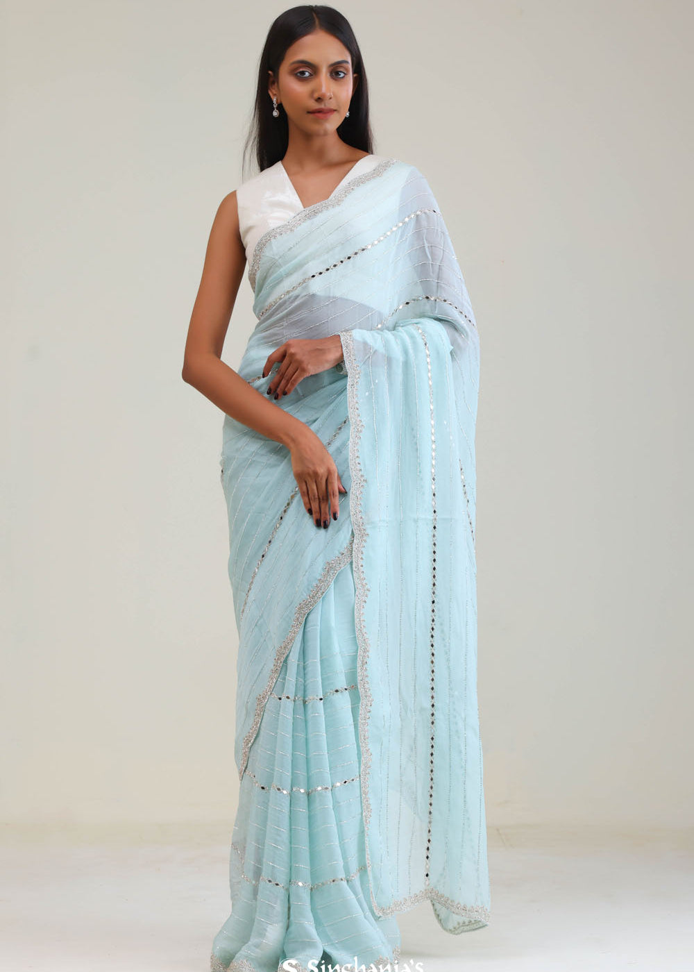 Ice Blue Tissue Saree With Embroidery Detail