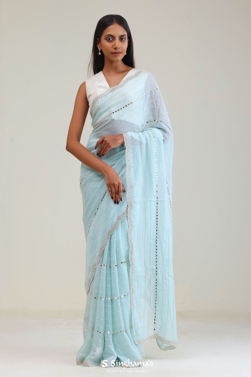 Ice Blue Tissue Saree With Embroidery Detail