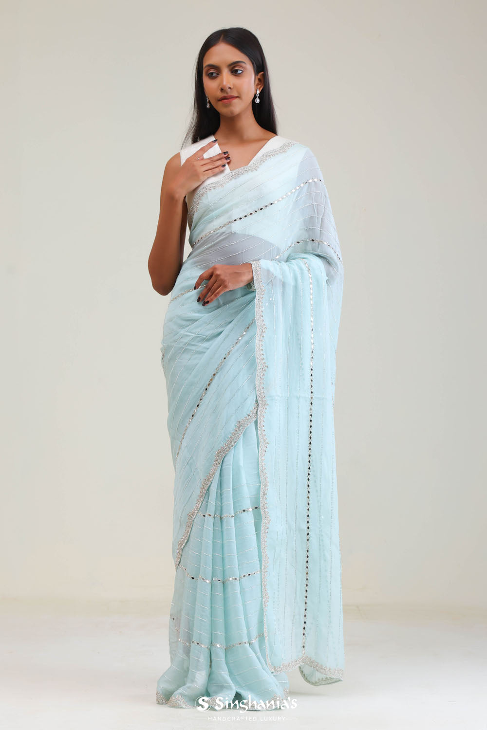 Ice Blue Tissue Saree With Embroidery Detail