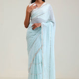 Ice Blue Tissue Saree With Embroidery Detail
