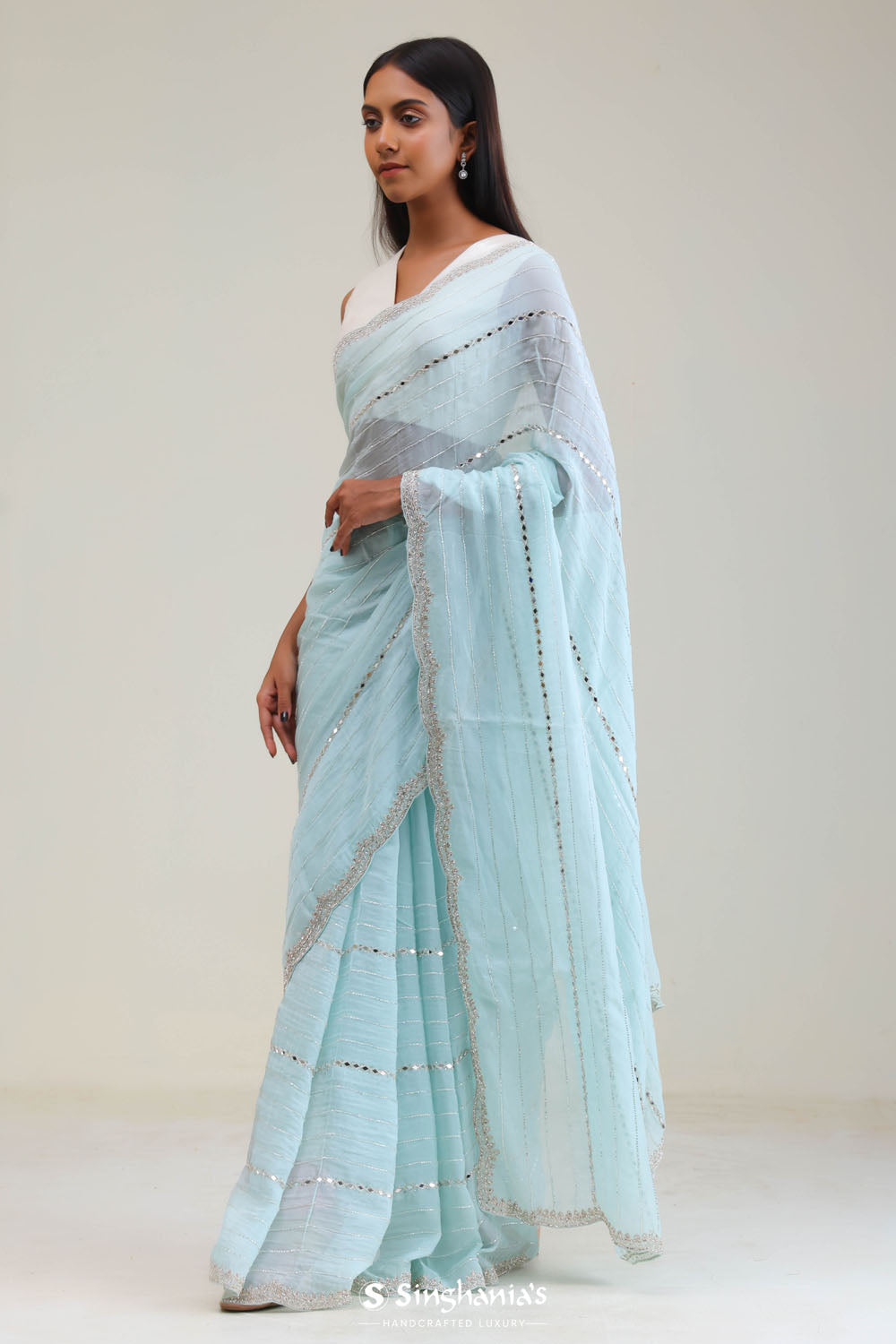 Ice Blue Tissue Saree With Embroidery Detail