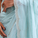 Ice Blue Tissue Saree With Embroidery Detail