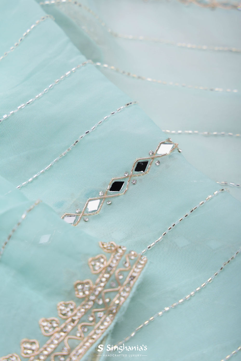 Ice Blue Tissue Saree With Embroidery Detail