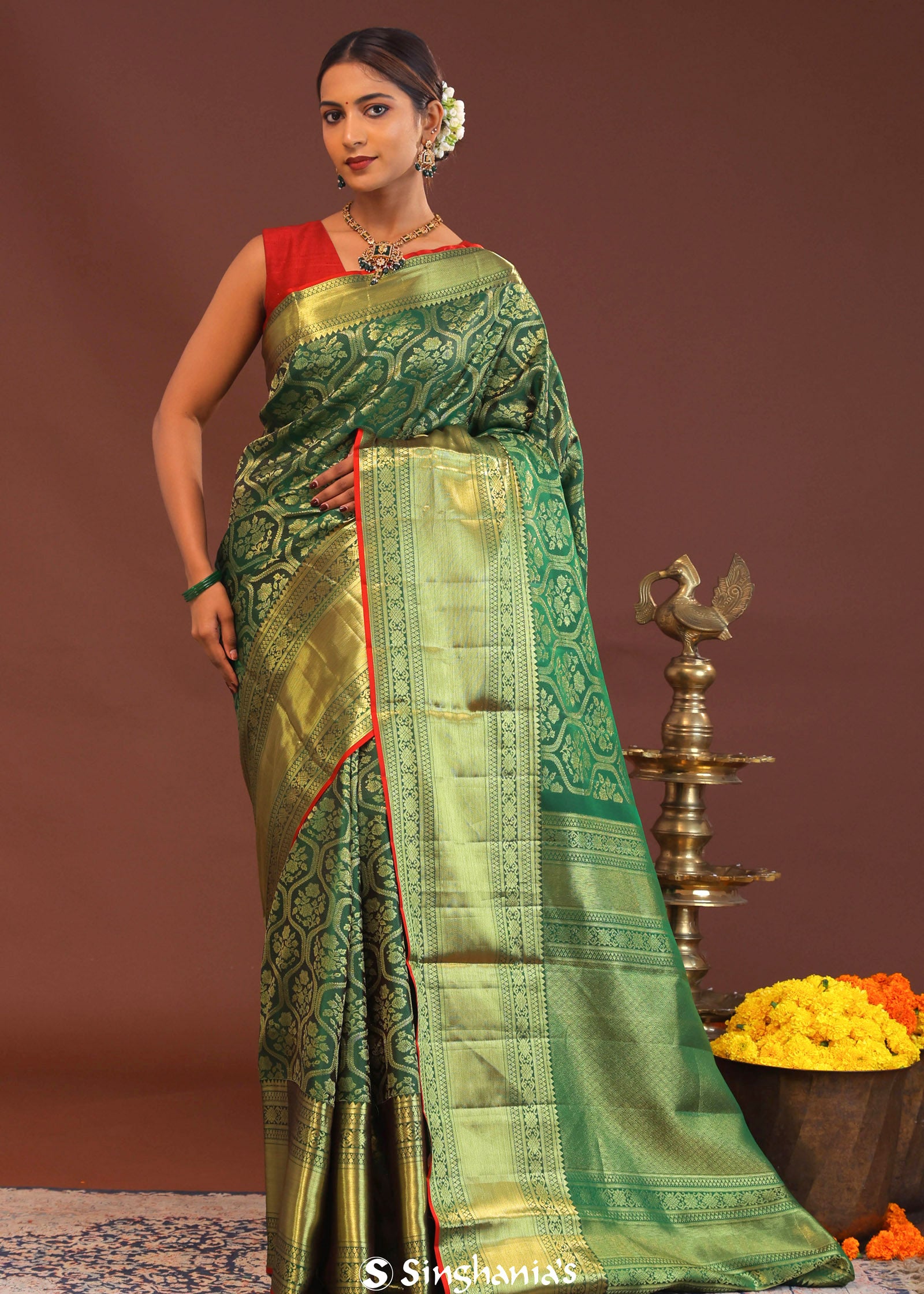 Bottle Green Kanjivaram Saree With Gold Zari Border