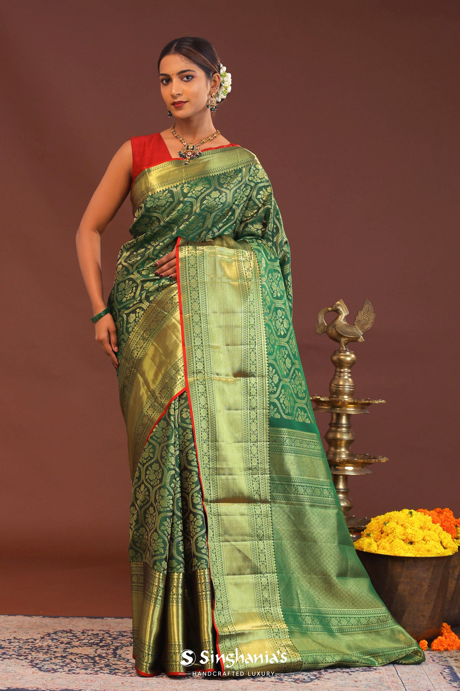 Bottle Green Kanjivaram Saree With Gold Zari Border