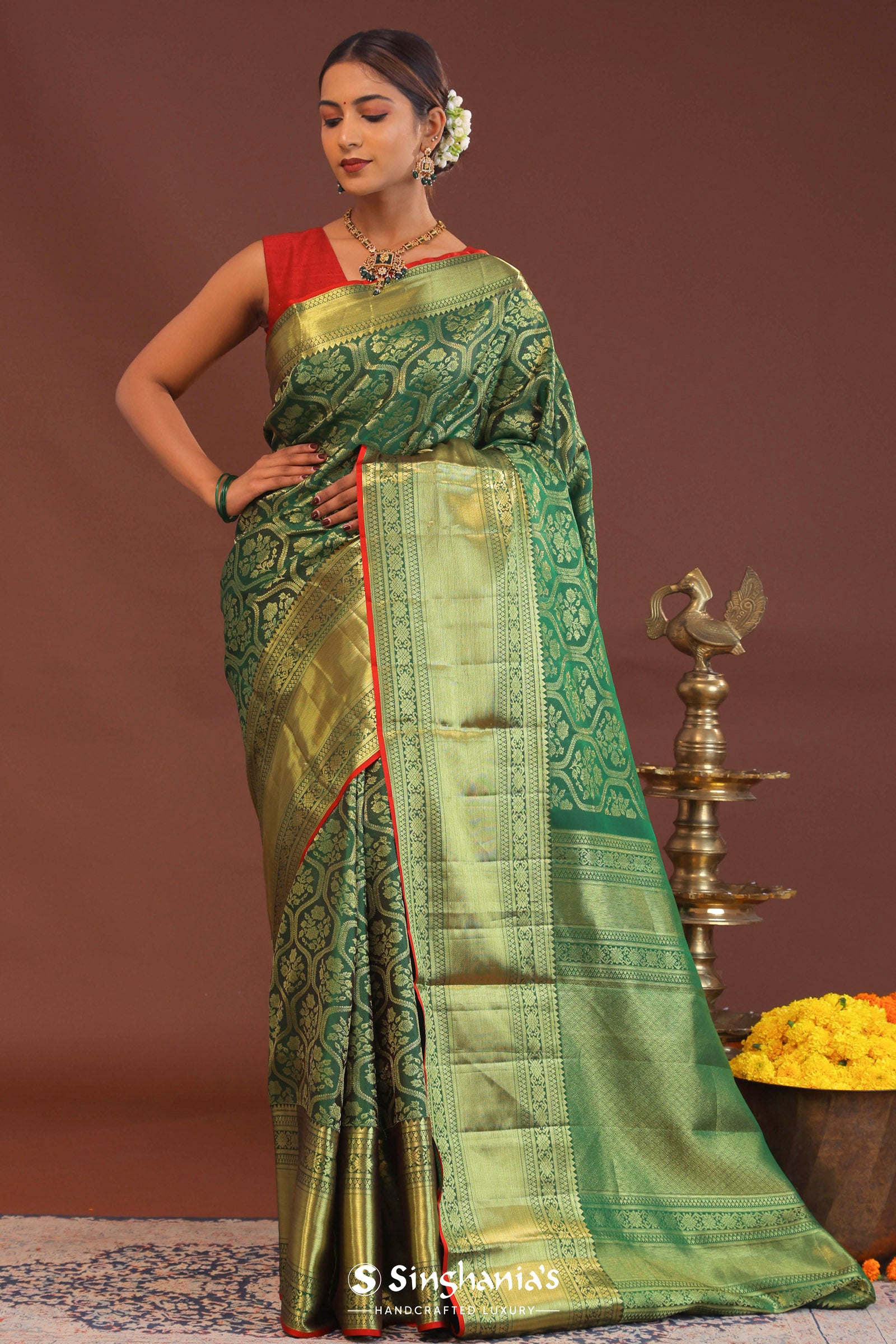 Bottle Green Kanjivaram Saree With Gold Zari Border