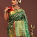 Bottle Green Kanjivaram Saree With Gold Zari Border