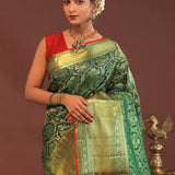 Bottle Green Kanjivaram Saree With Gold Zari Border
