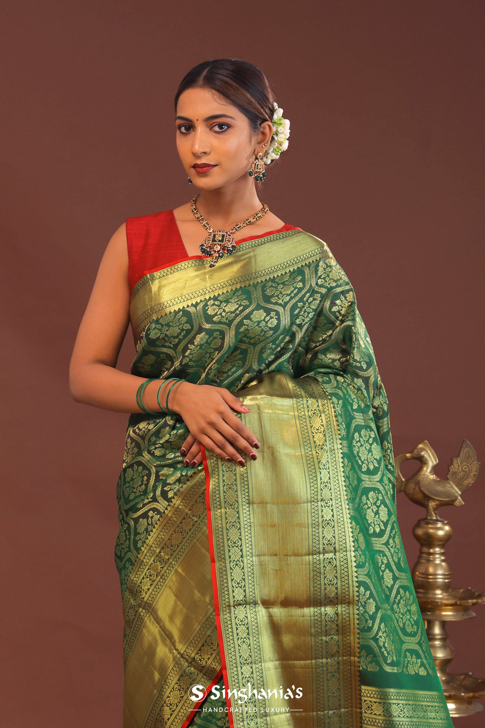 Bottle Green Kanjivaram Saree With Gold Zari Border