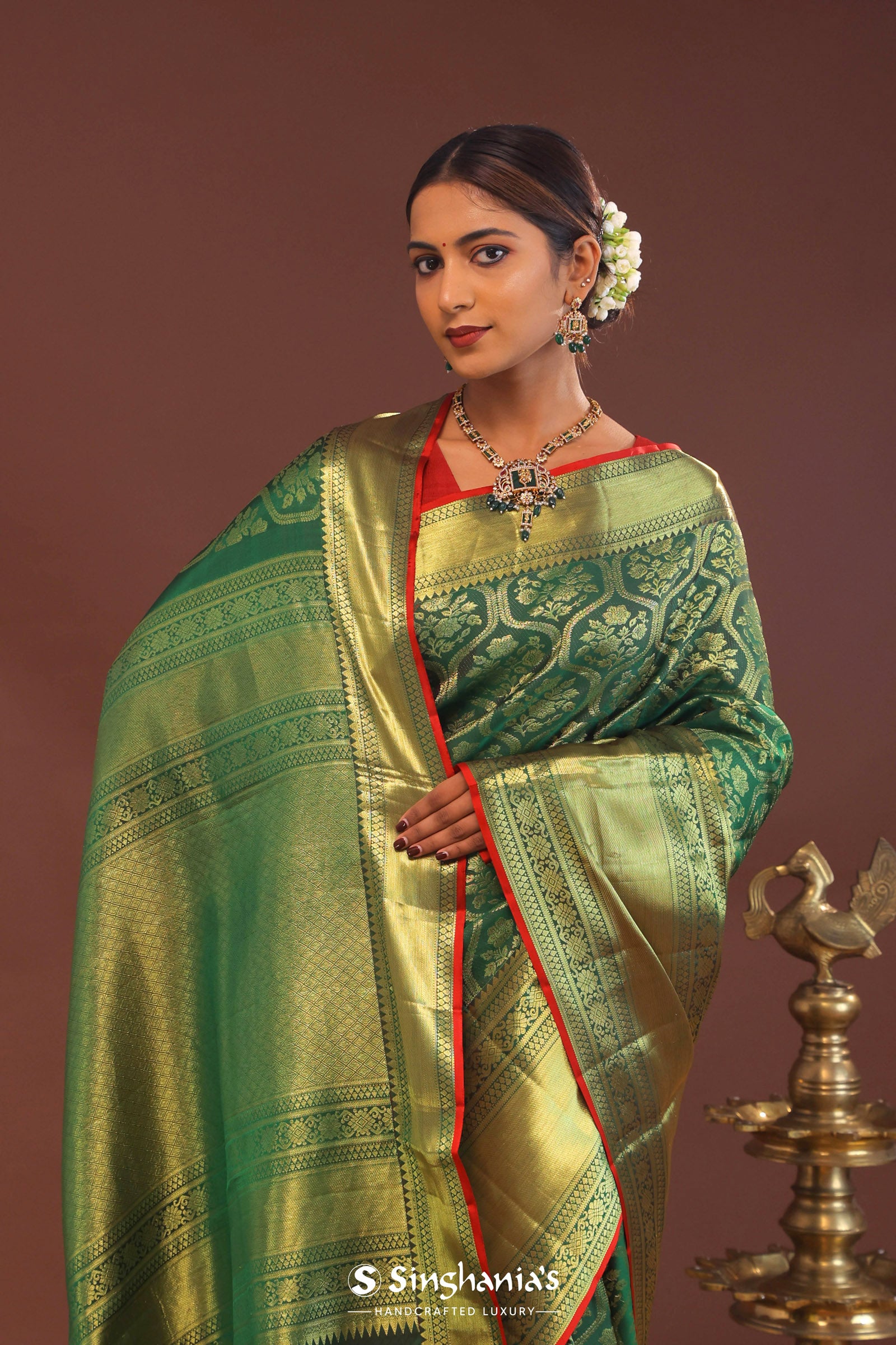 Bottle Green Kanjivaram Saree With Gold Zari Border