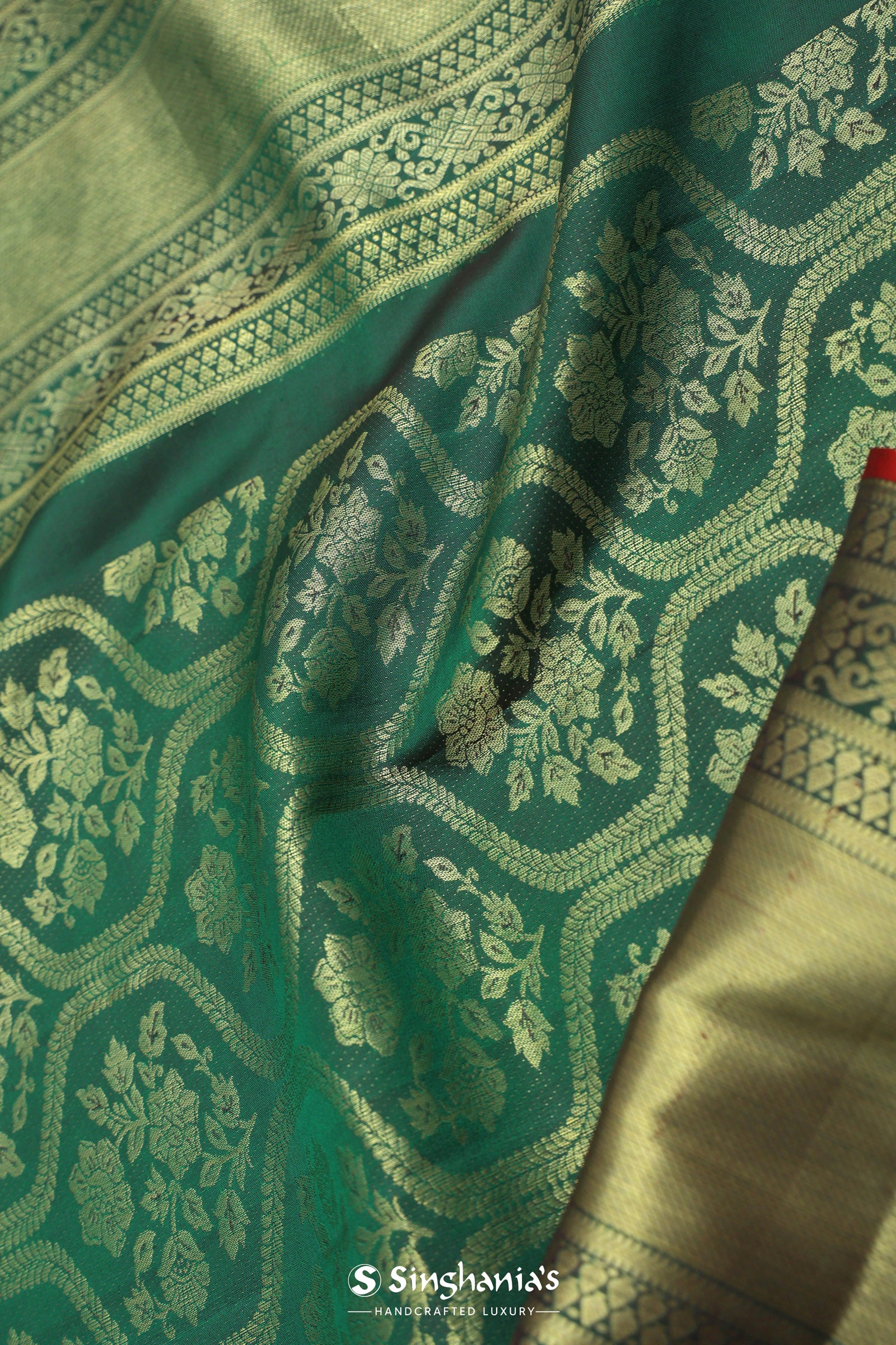 Bottle Green Kanjivaram Saree With Gold Zari Border