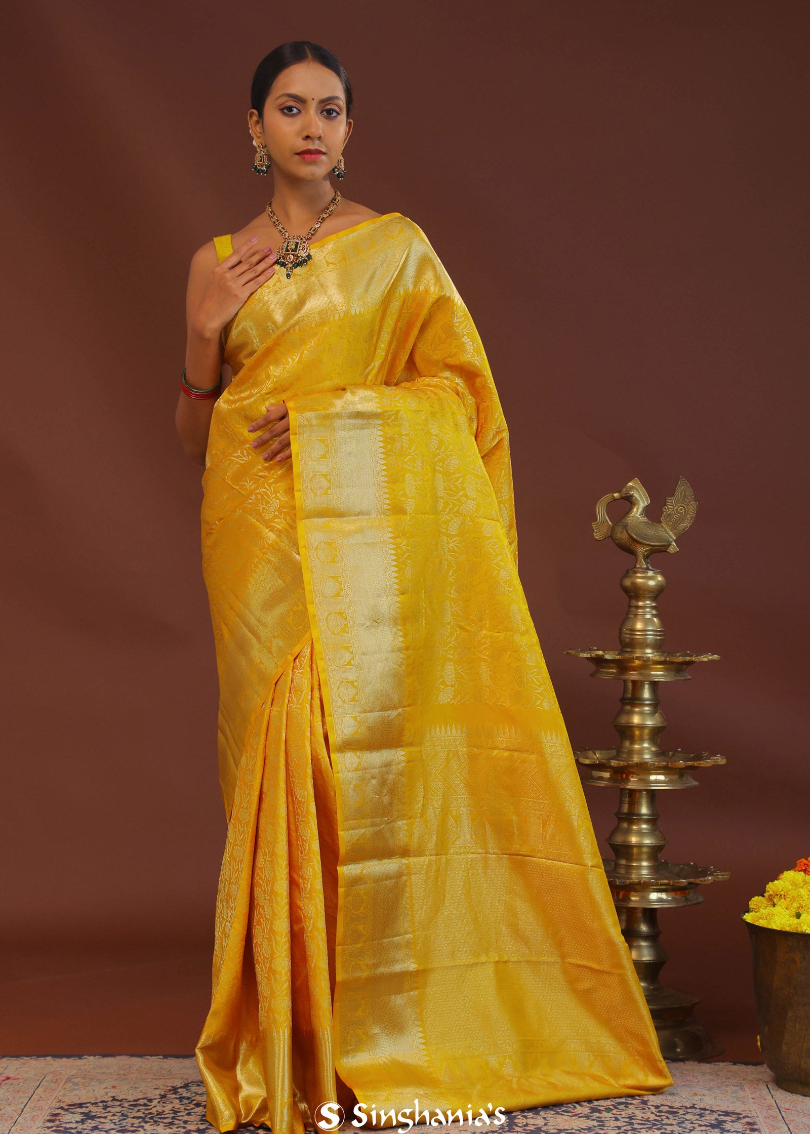 Golden Yellow Kanjivaram Saree With Gold Zari Border