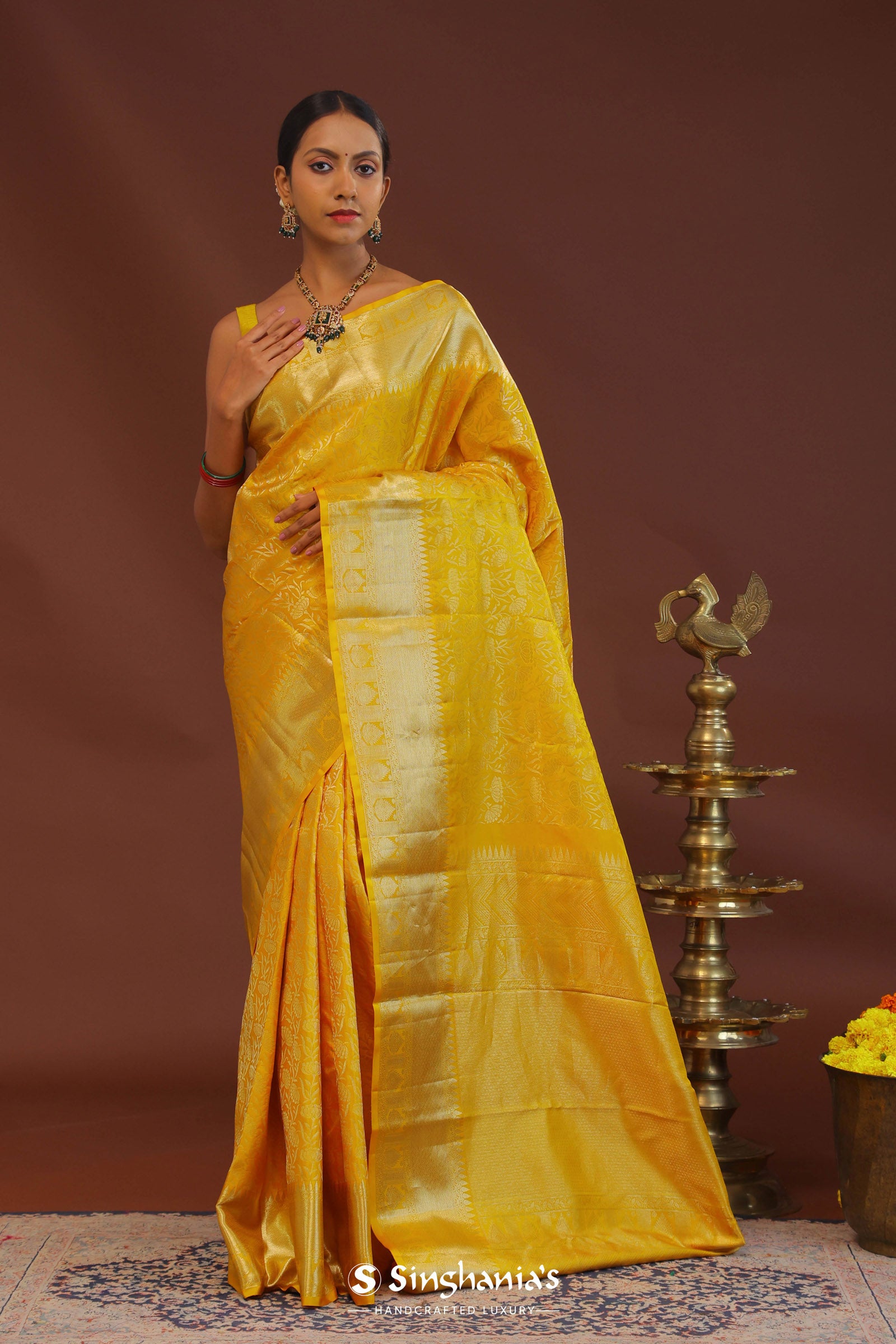 Golden Yellow Kanjivaram Saree With Gold Zari Border