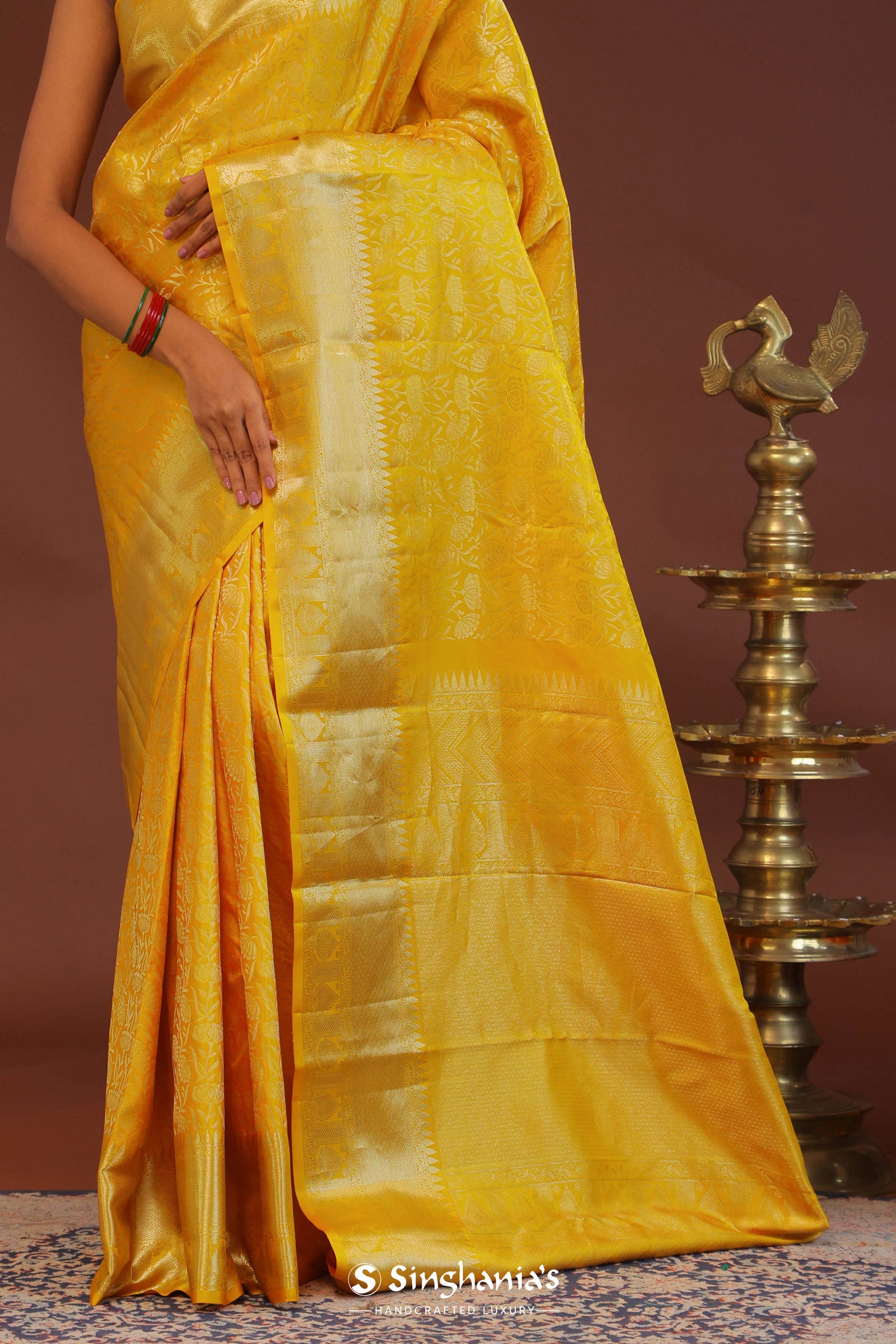 Golden Yellow Kanjivaram Saree With Gold Zari Border