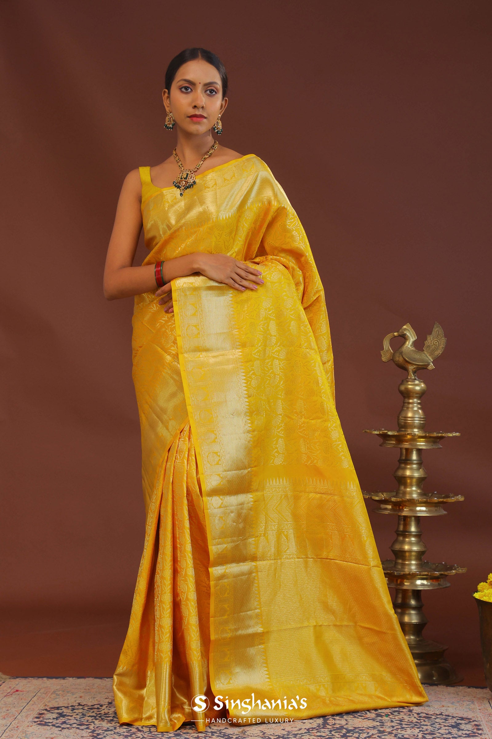 Golden Yellow Kanjivaram Saree With Gold Zari Border
