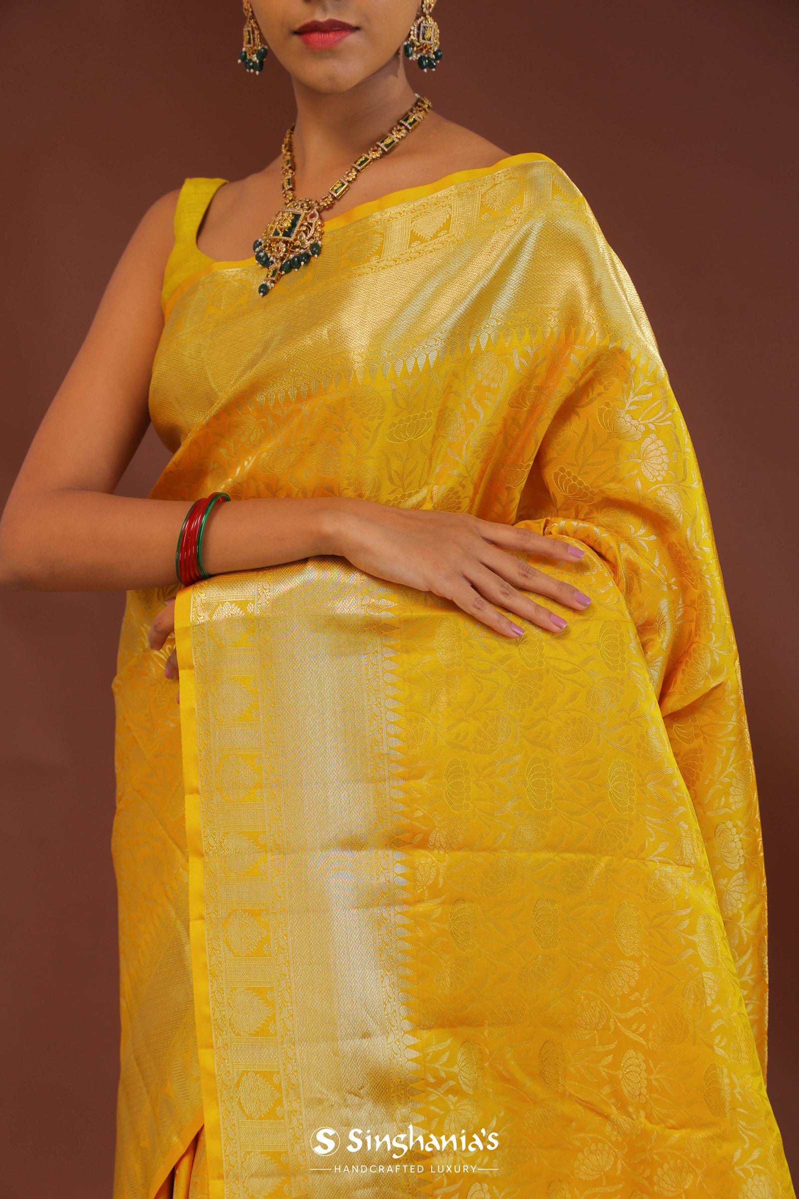 Golden Yellow Kanjivaram Saree With Gold Zari Border