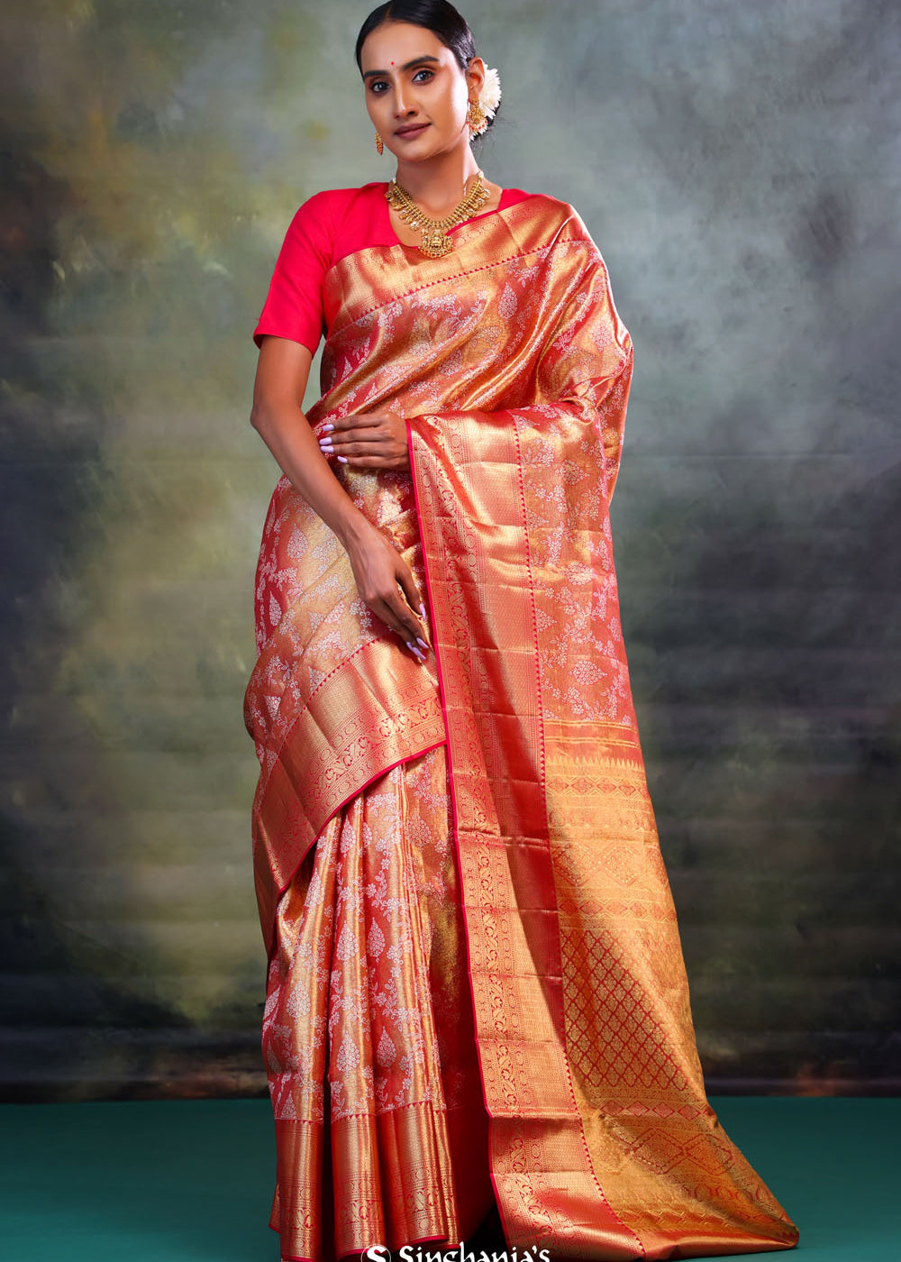 Red Gold Ogival Kanjivaram Silk Saree