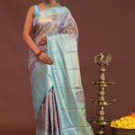 Purple Kanjivaram Saree With Contrast Sky Blue Border
