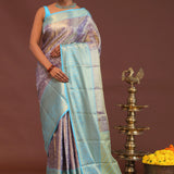 Purple Kanjivaram Saree With Contrast Sky Blue Border