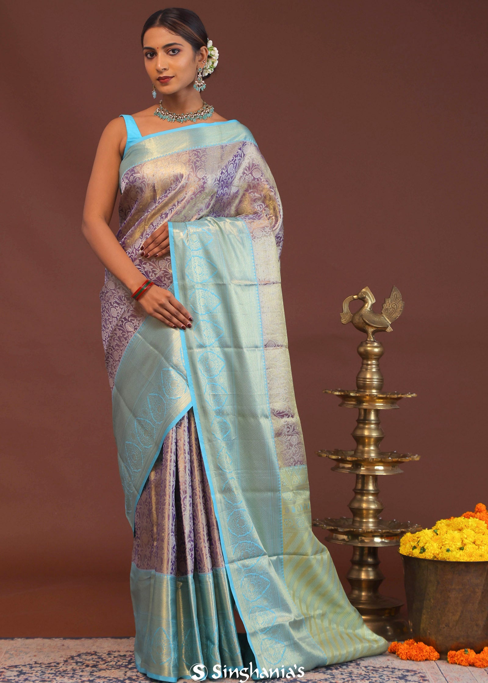 Purple Kanjivaram Saree With Contrast Sky Blue Border