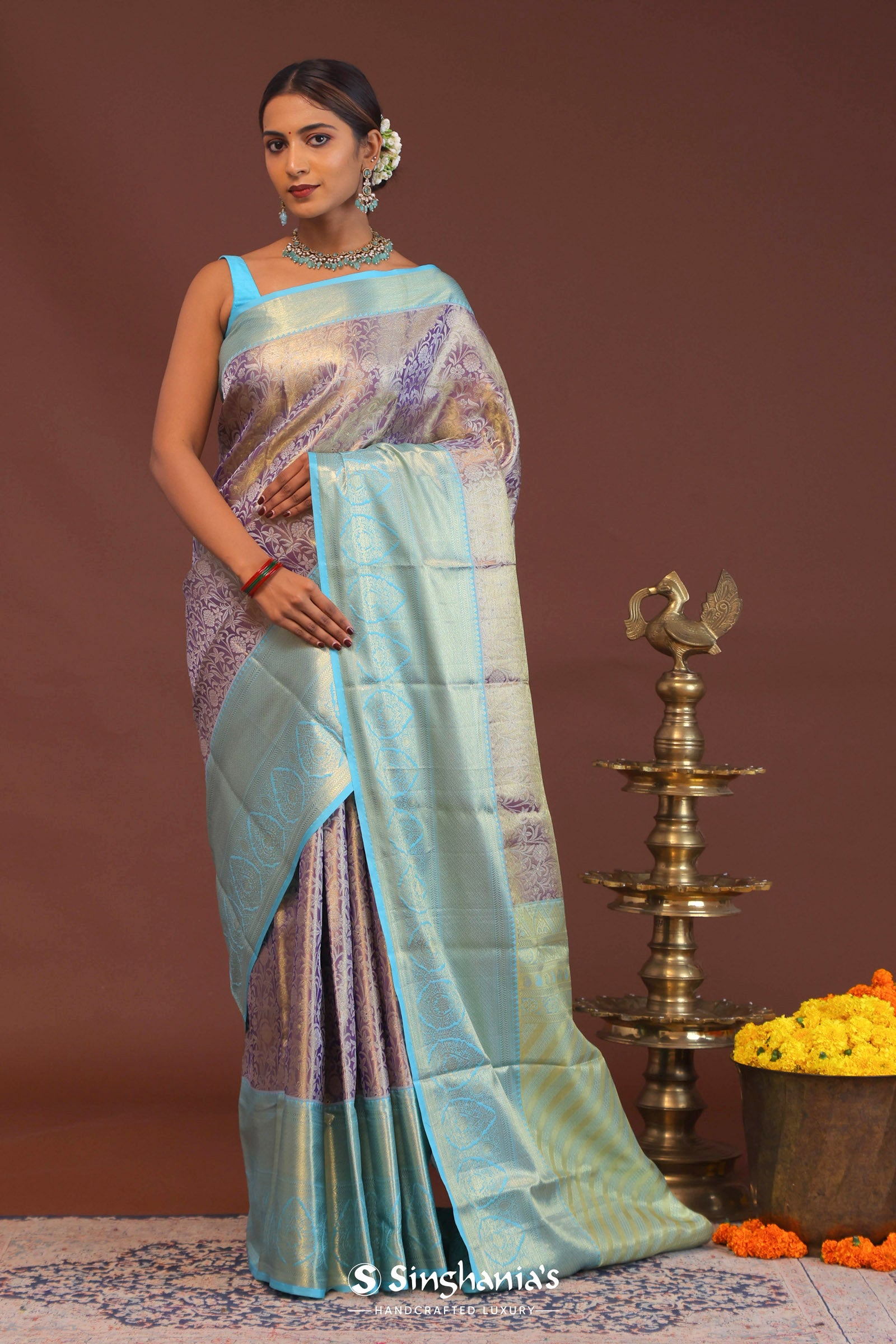 Purple Kanjivaram Saree With Contrast Sky Blue Border