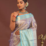 Purple Kanjivaram Saree With Contrast Sky Blue Border